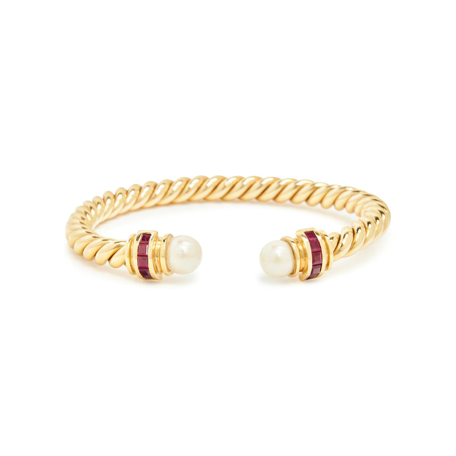 YELLOW GOLD, CULTURED PEARL, AND RUBY BANGLE BRACELET