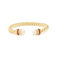 YELLOW GOLD, CULTURED PEARL, AND RUBY BANGLE BRACELET
