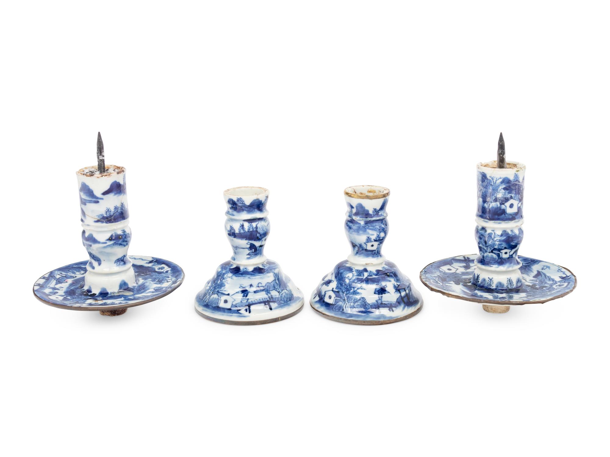 A Pair of Chinese Blue and White Porcelain Candlesticks