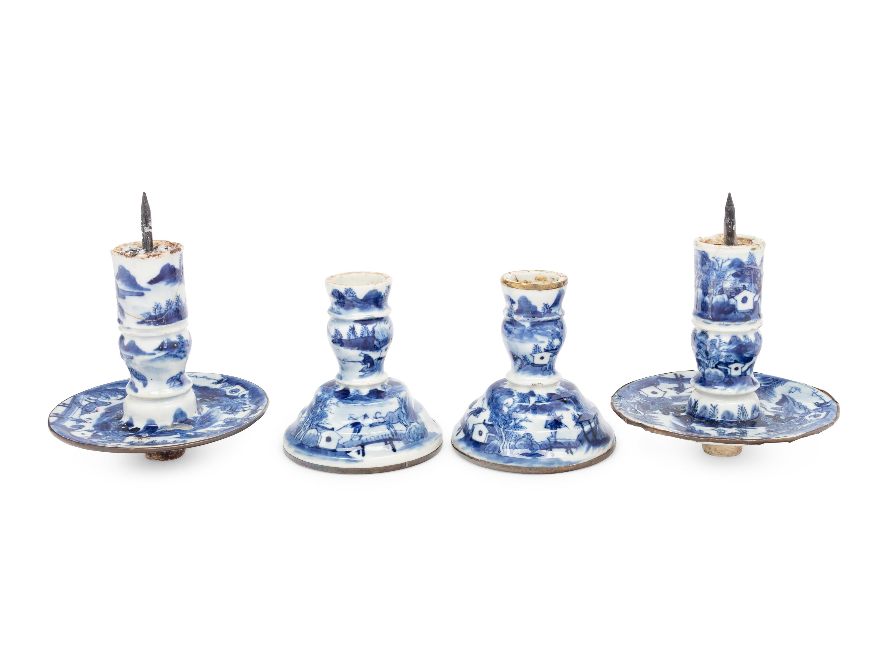 A Pair of Chinese Blue and White Porcelain Candlesticks