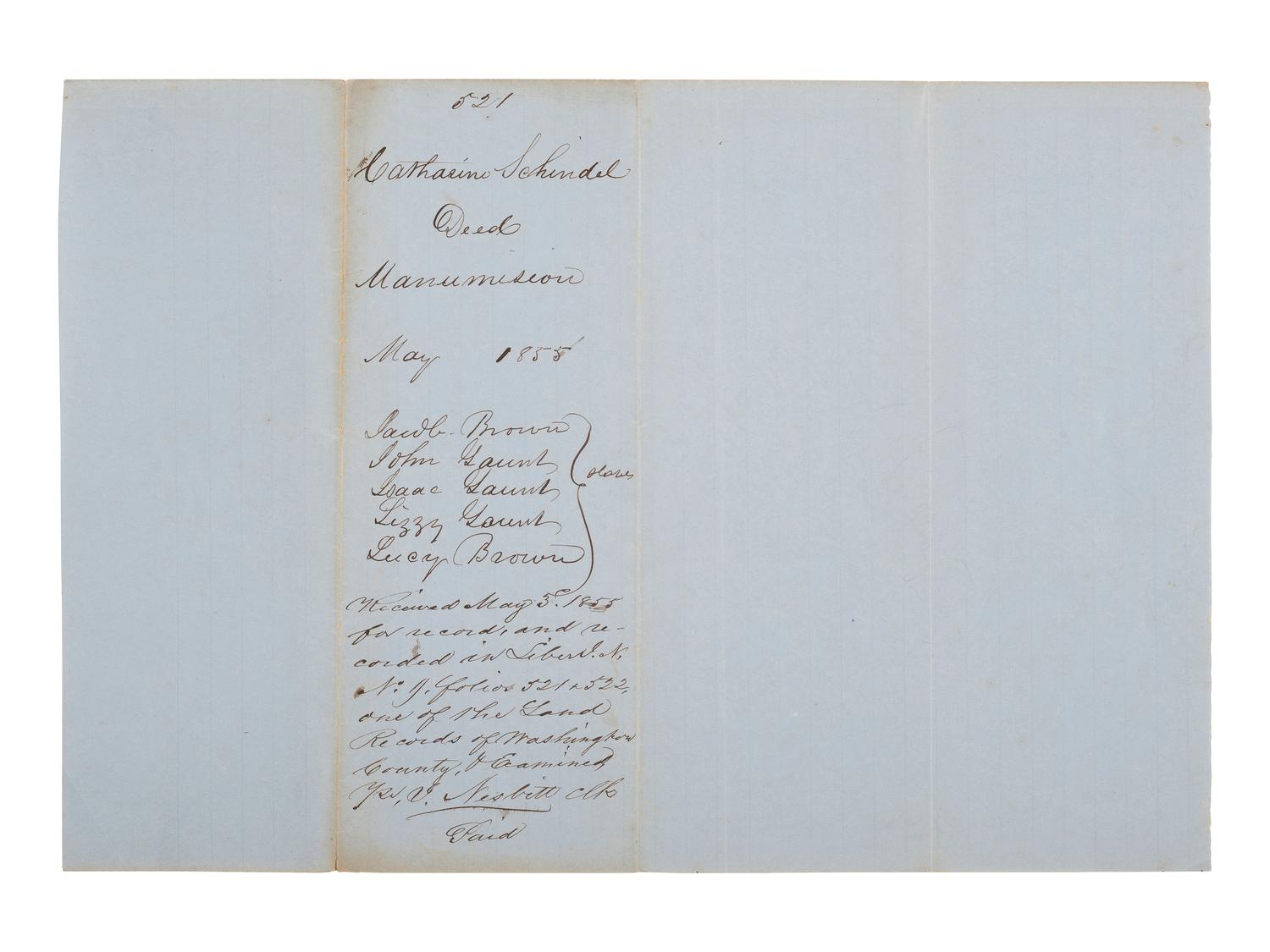 [ENSLAVEMENT & ABOLITION]. Manuscript deed of manumission listing five enslaved persons. Washington County, MD, May 1855.