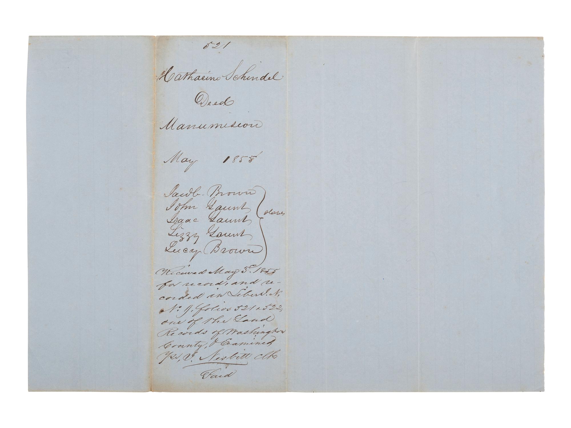 [ENSLAVEMENT & ABOLITION]. Manuscript deed of manumission listing five enslaved persons. Washington County, MD, May 1855.