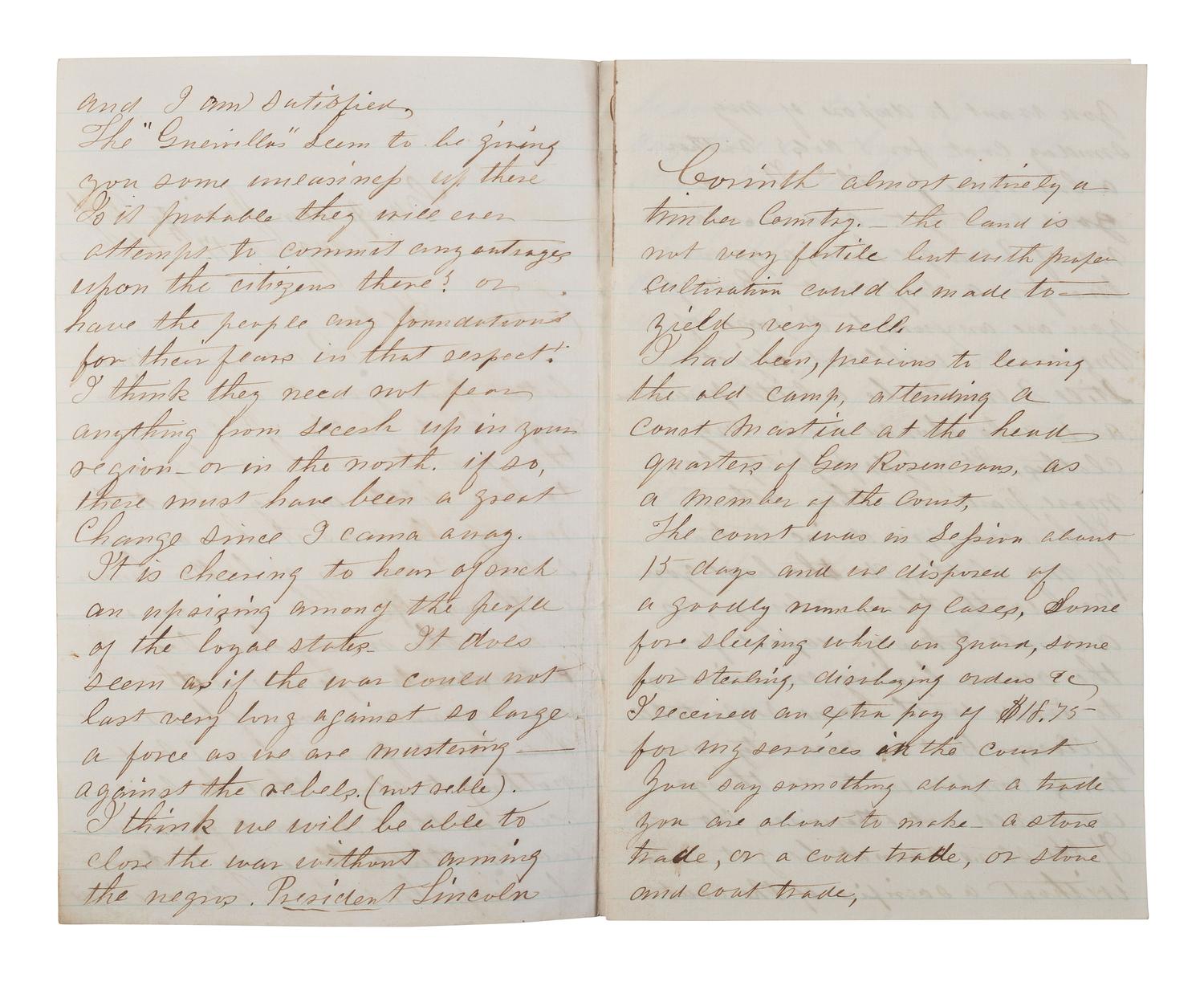 [CIVIL WAR]. 3 war-date letters, highlighted by ALS from Captain William H. Silsby, 10th Iowa Infantry, discussing the arming of formerly enslaved African Americans. Camp near Jacinto, MS, 17 August 1862.