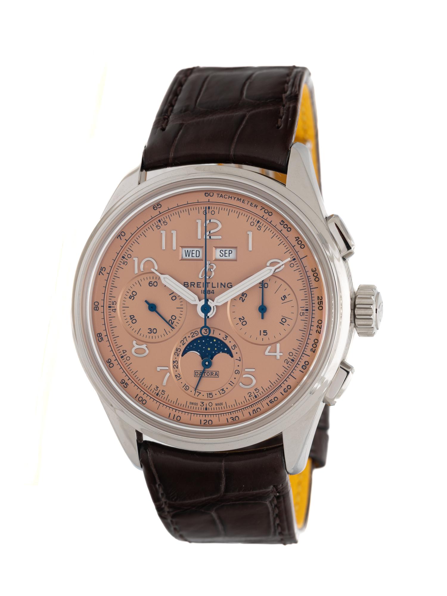 BREITLING, REF. AB25 STAINLESS STEEL 'PREMIER B25 DATORA 42' SALMON DIAL CHRONOGRAPH ANNUAL CALENDAR MOONPHASE WATCH, BOX & PAPERS