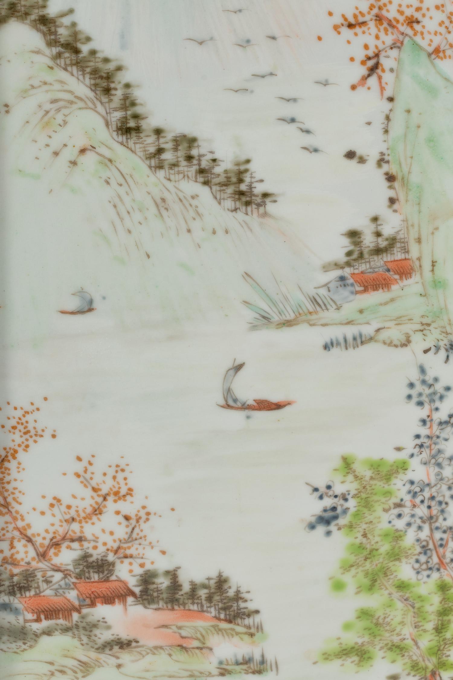 A Set of Four Chinese Porcelain Plaques in Hardwood Frames