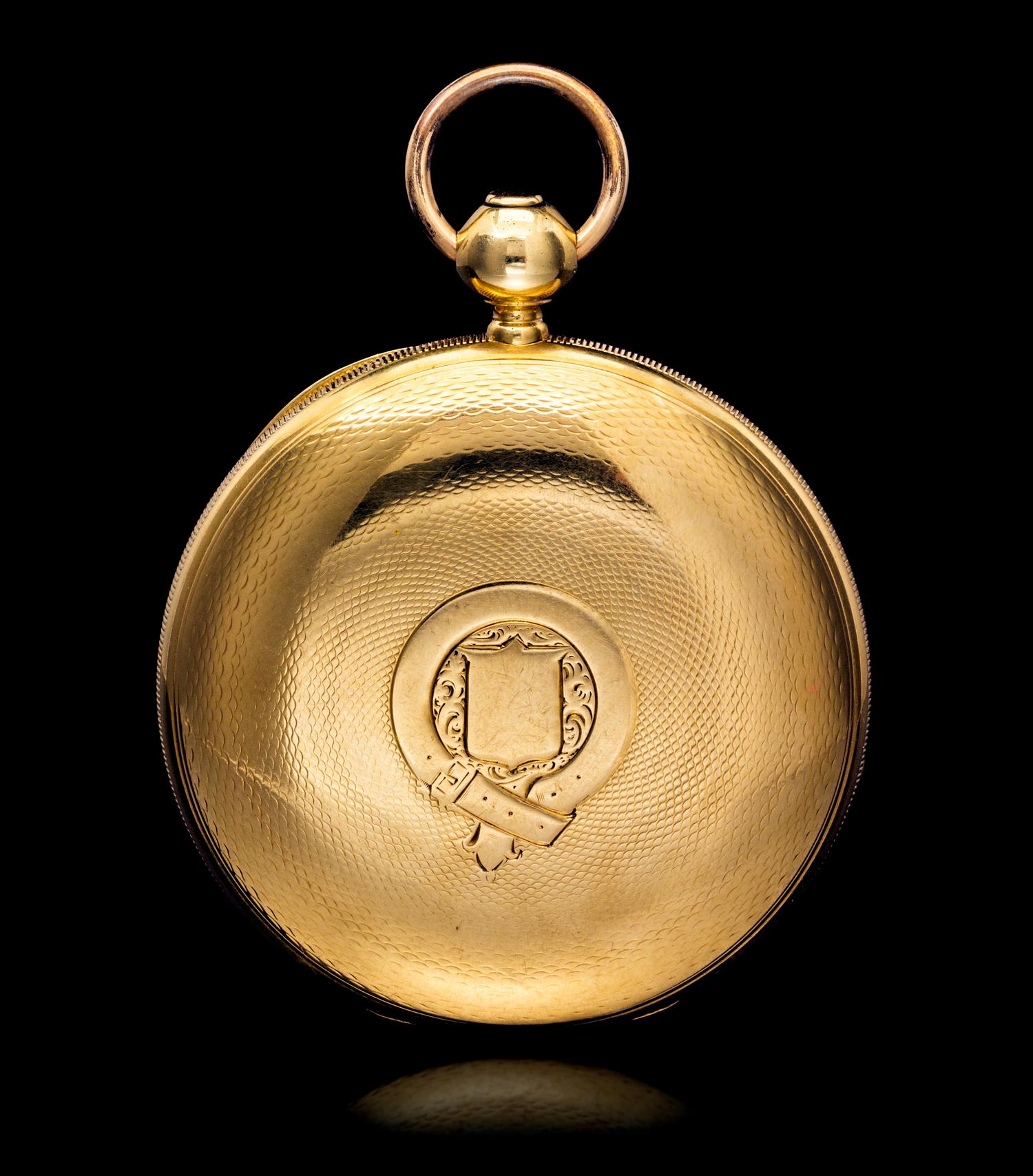 An 18 Karat Yellow Gold Hunter Case Key Wound Pocket Watch with Power Reserve, Charles Hollingside, London, Circa 1863,