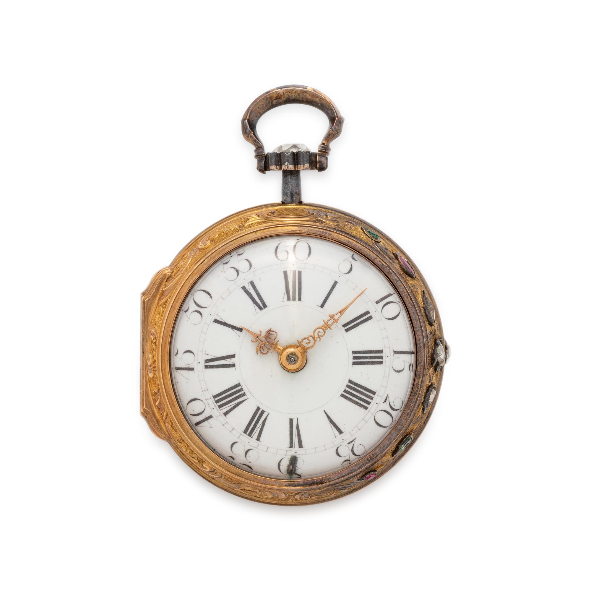 SILVER-GILT, DIAMOND, RUBY AND EMERALD OPEN FACE POCKET WATCH