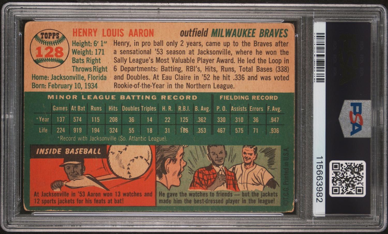 A 1954 Topps Hank Aaron Rookie Baseball Card No. 128 (PSA 2 GOOD) from The Collection of David Eisenhower
