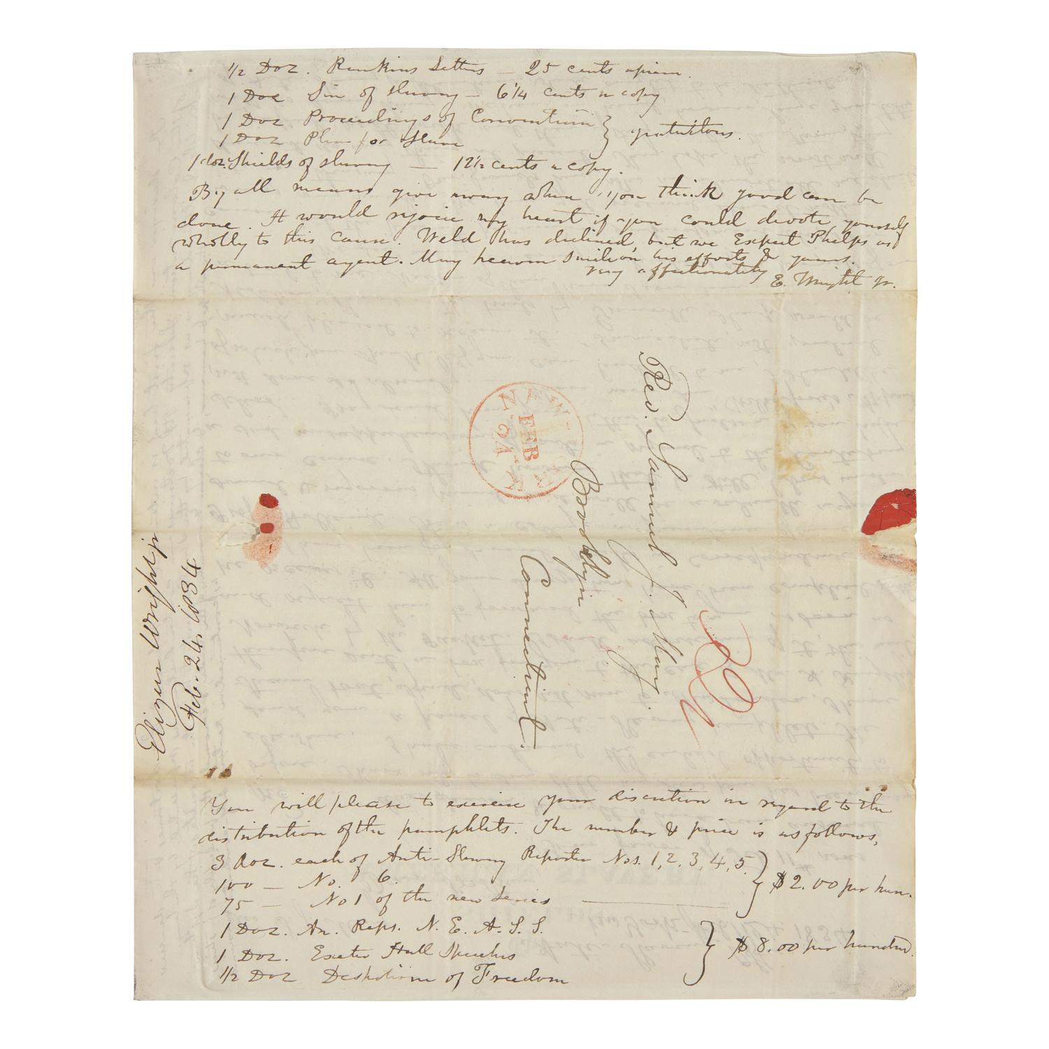 [African-Americana] Wright, Elizur, Jr. Autograph Letter, signed on an Anti-American Colonization Society Broadside "The Shields of American Slavery..."