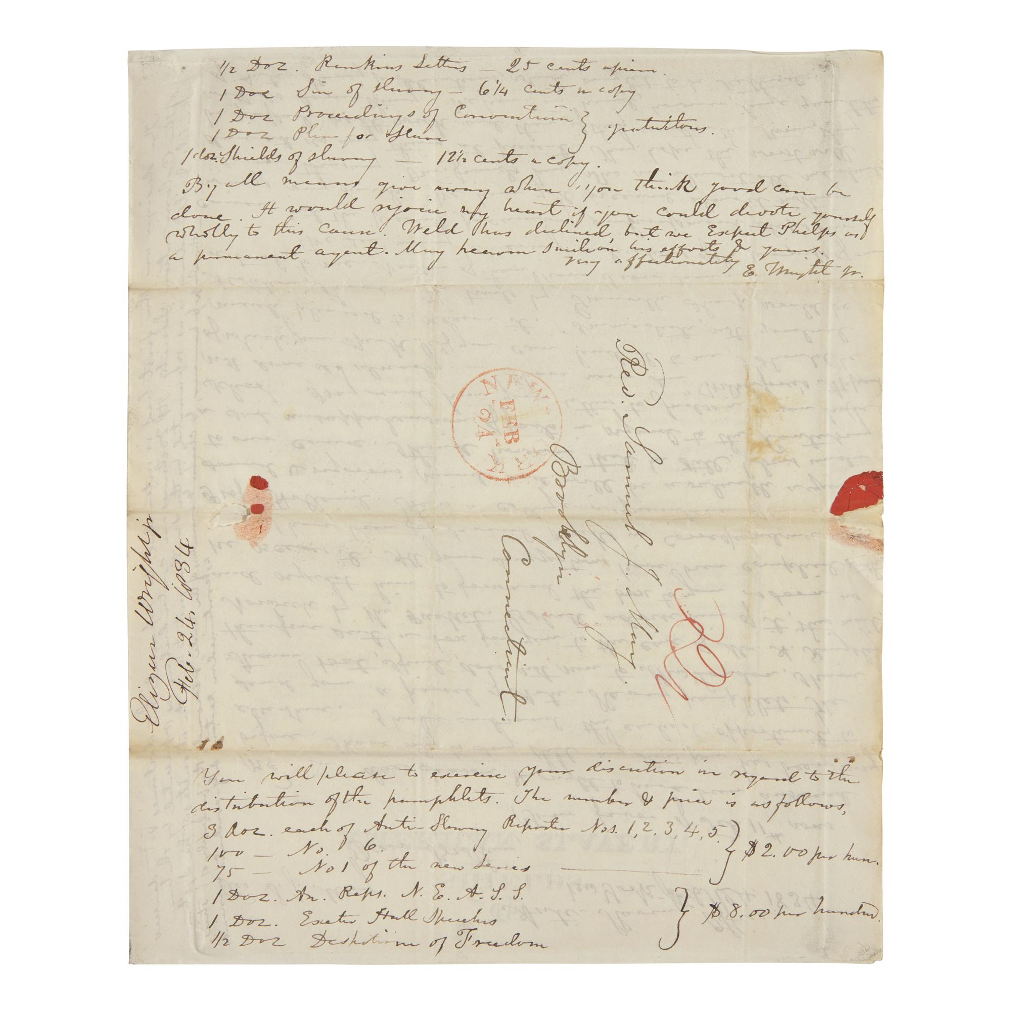 [African-Americana] Wright, Elizur, Jr. Autograph Letter, signed on an Anti-American Colonization Society Broadside "The Shields of American Slavery..."