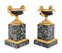 A Pair of Restauration Gilt and Patinated Bronze and Granite Urns