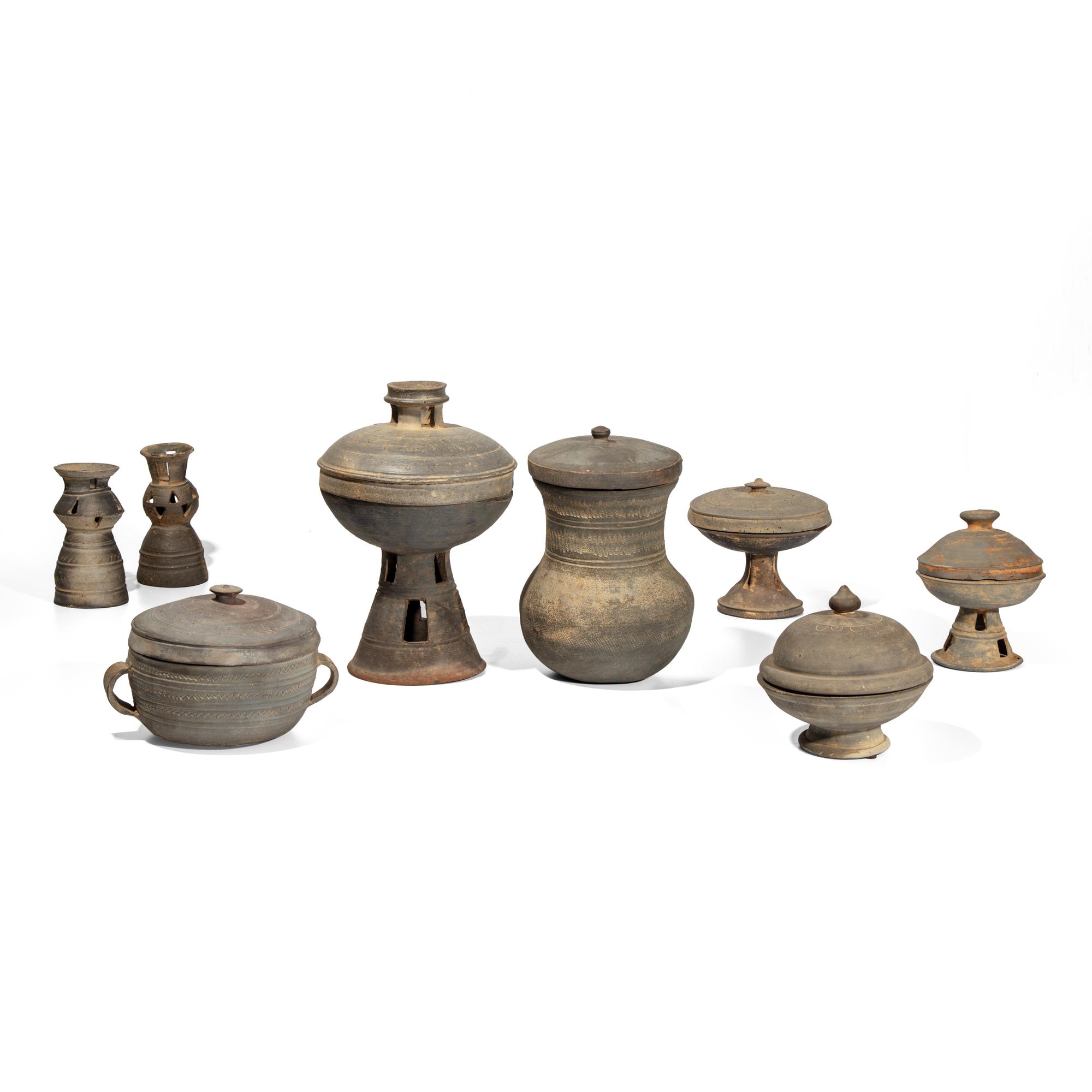 Eight Early Korean Pottery Covered Vessels