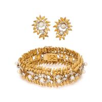 YELLOW GOLD, DIAMOND AND CULTURED PEARL SET