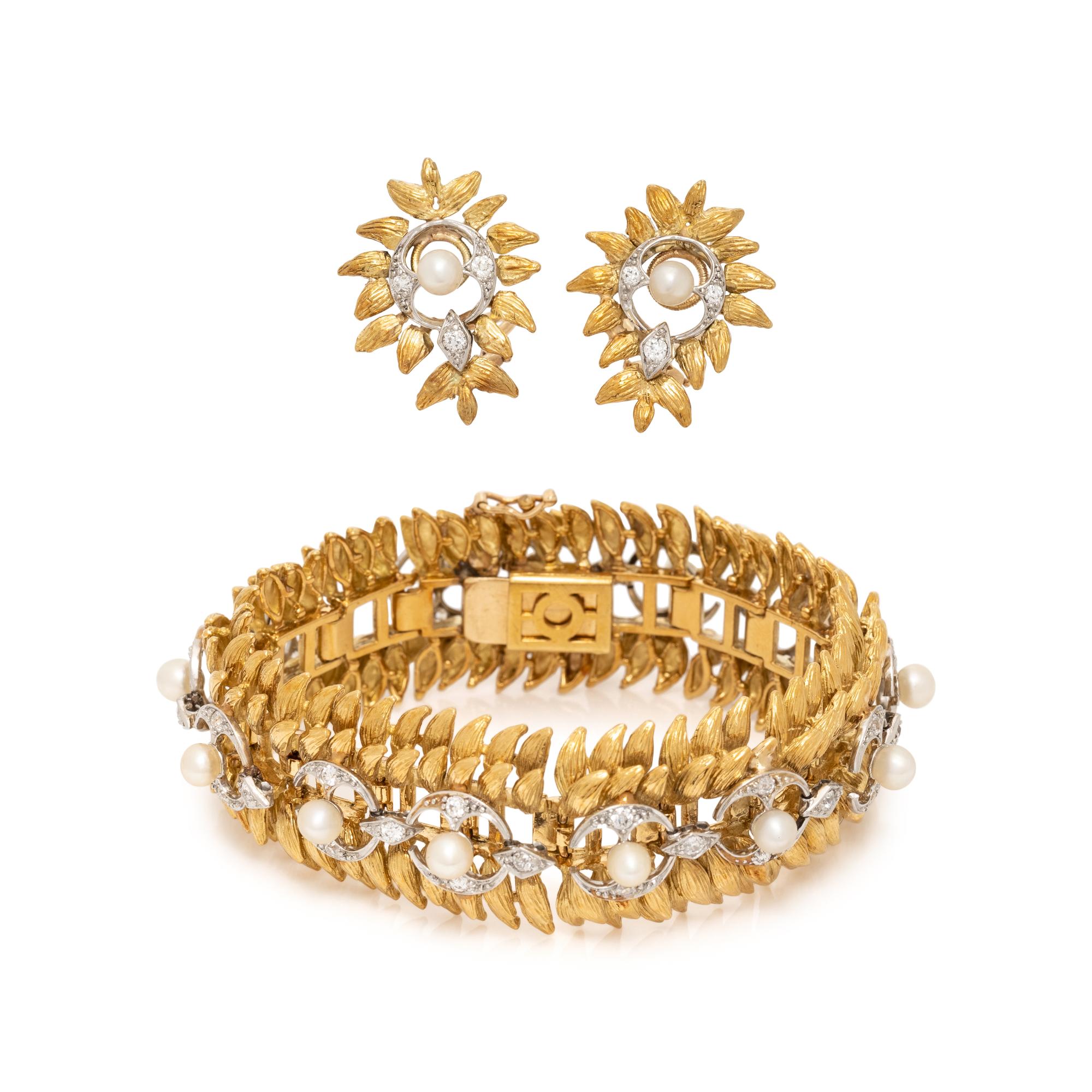 YELLOW GOLD, DIAMOND AND CULTURED PEARL SET
