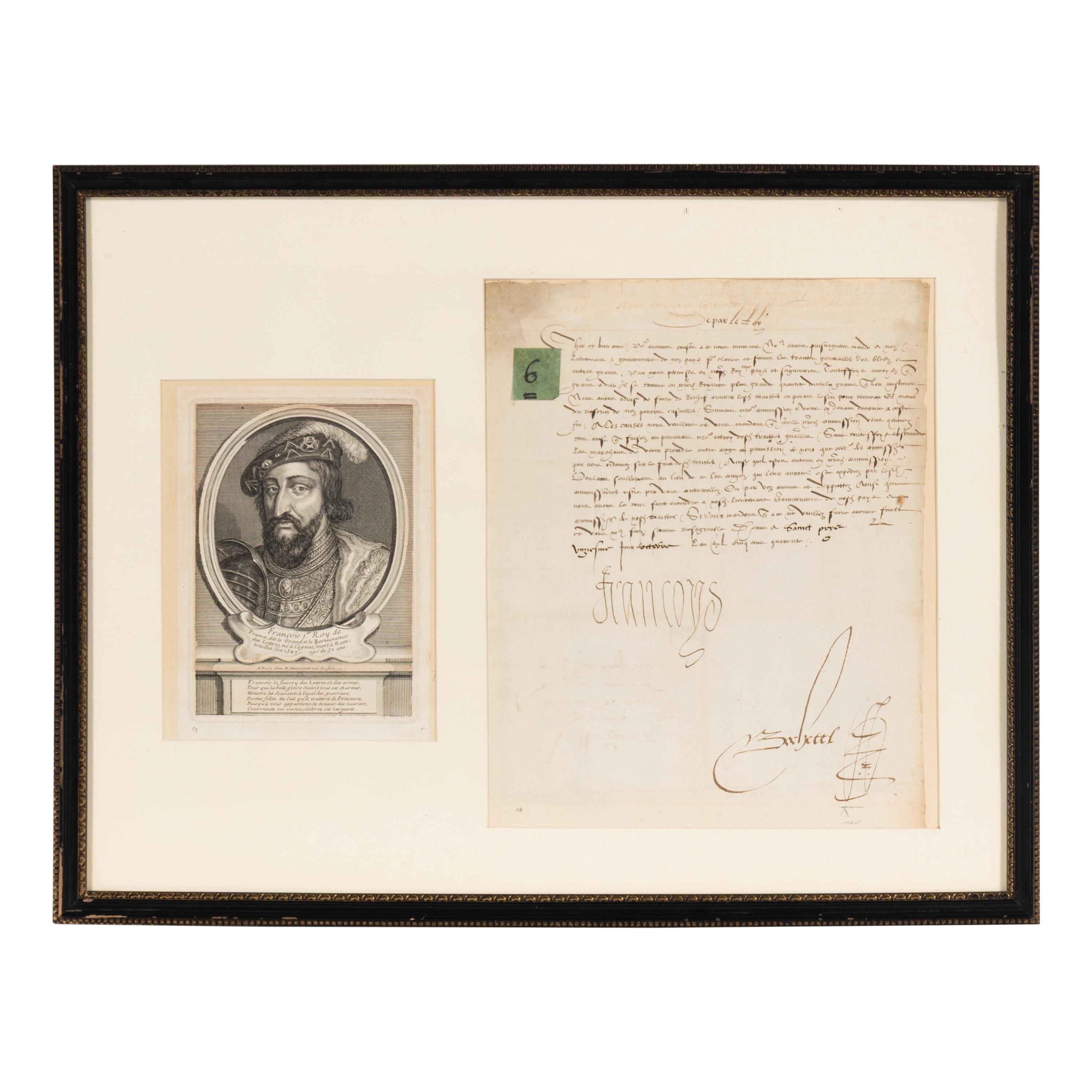 Francis I (1494-1547). Manuscript document signed ("Francoys") to Jehan Prevost, Controller, 20 October 1540.