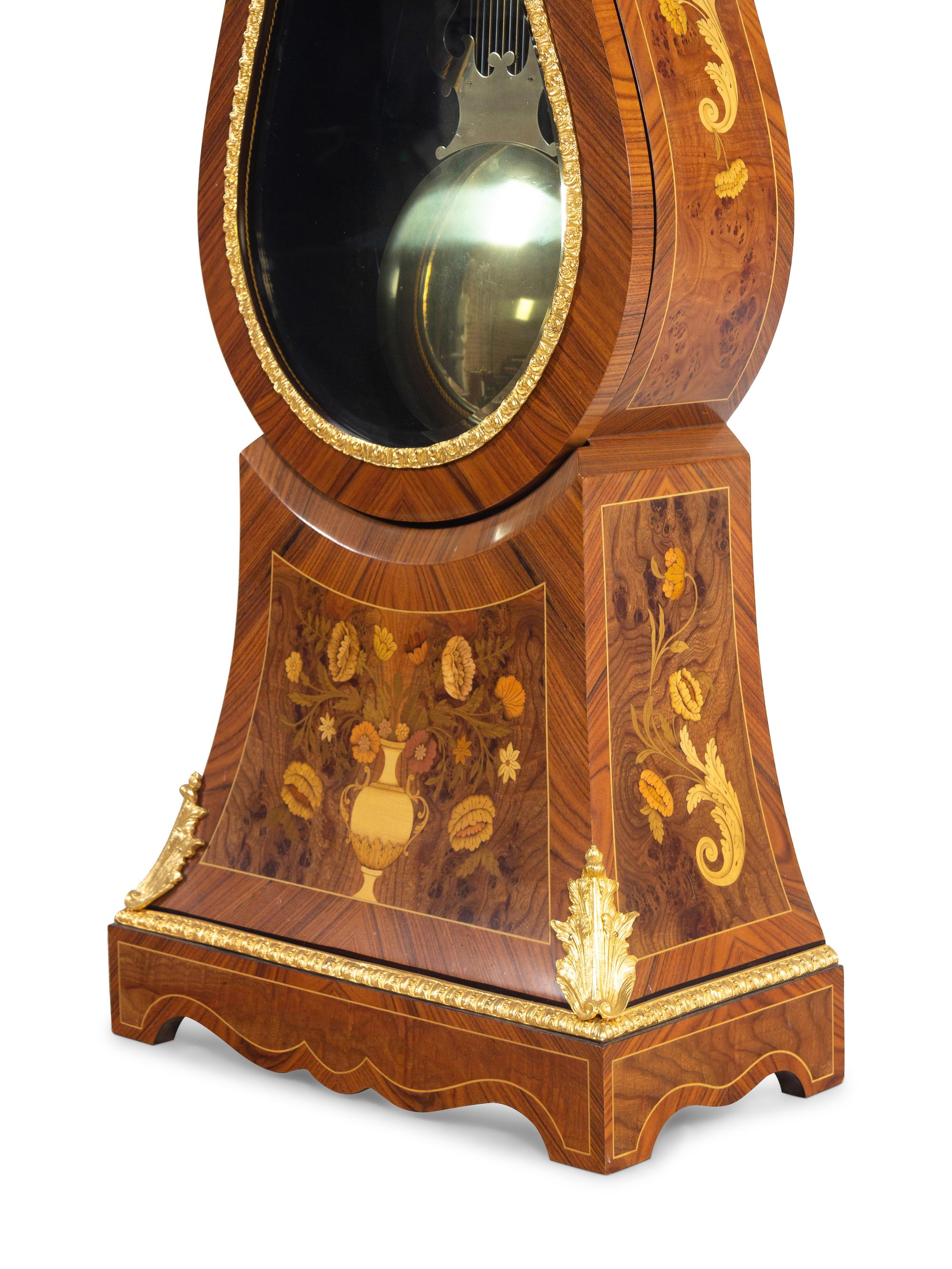 An Italian Gilt Metal Mounted Marquetry Tall Case Clock