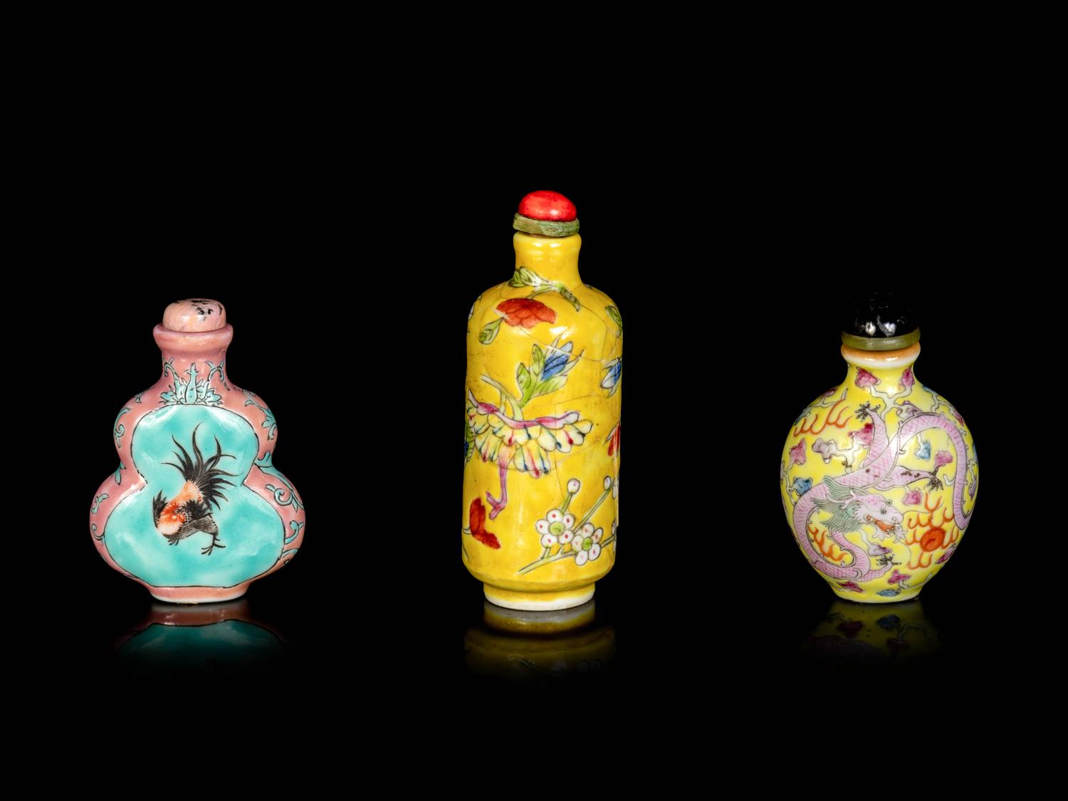 Three Chinese Famille Rose Porcelain Snuff Bottles