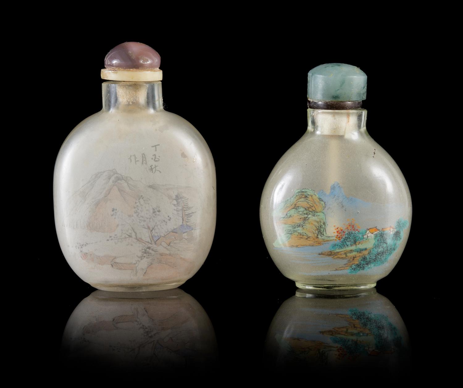 Two Inside Painted Glass Snuff Bottles Height of larger 2 3/4 inches.