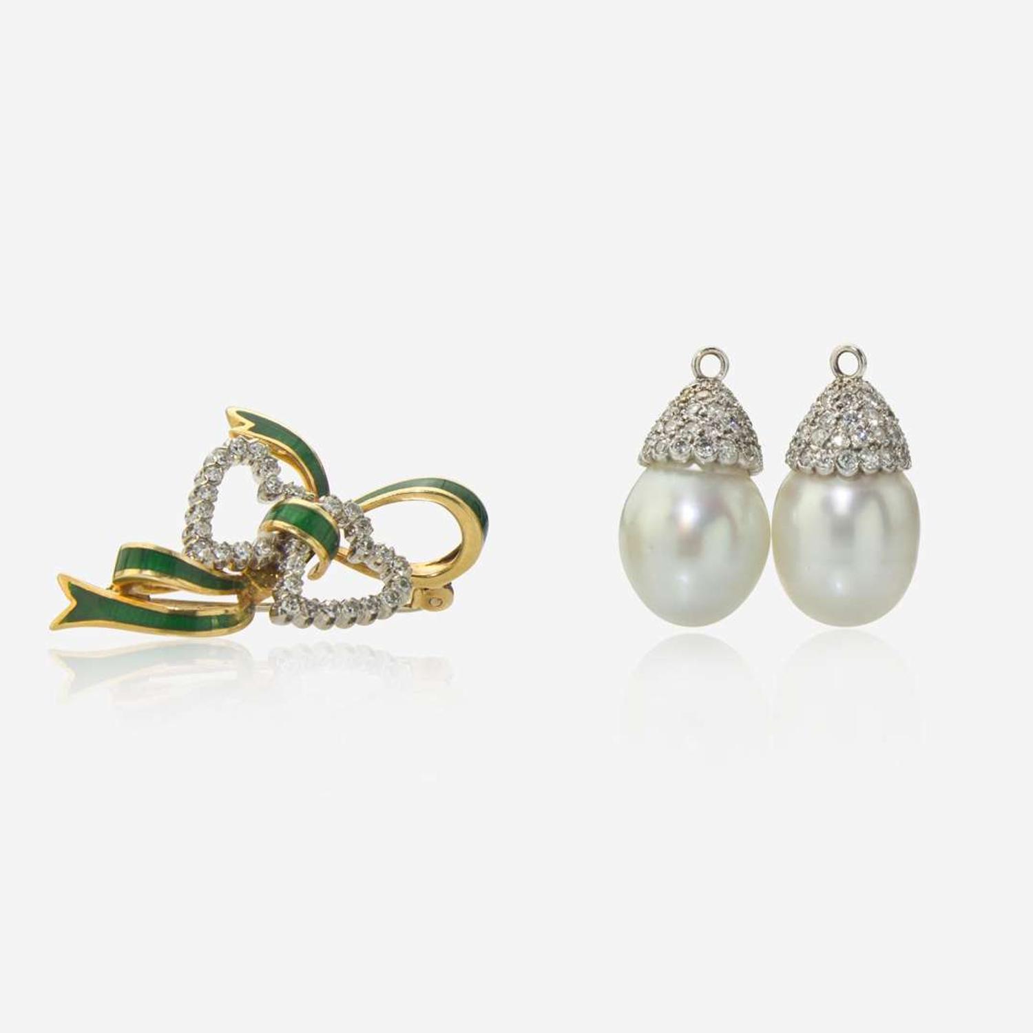 A Diamond and Enamel Bow Pin and Pearl and Diamond Earring Jackets