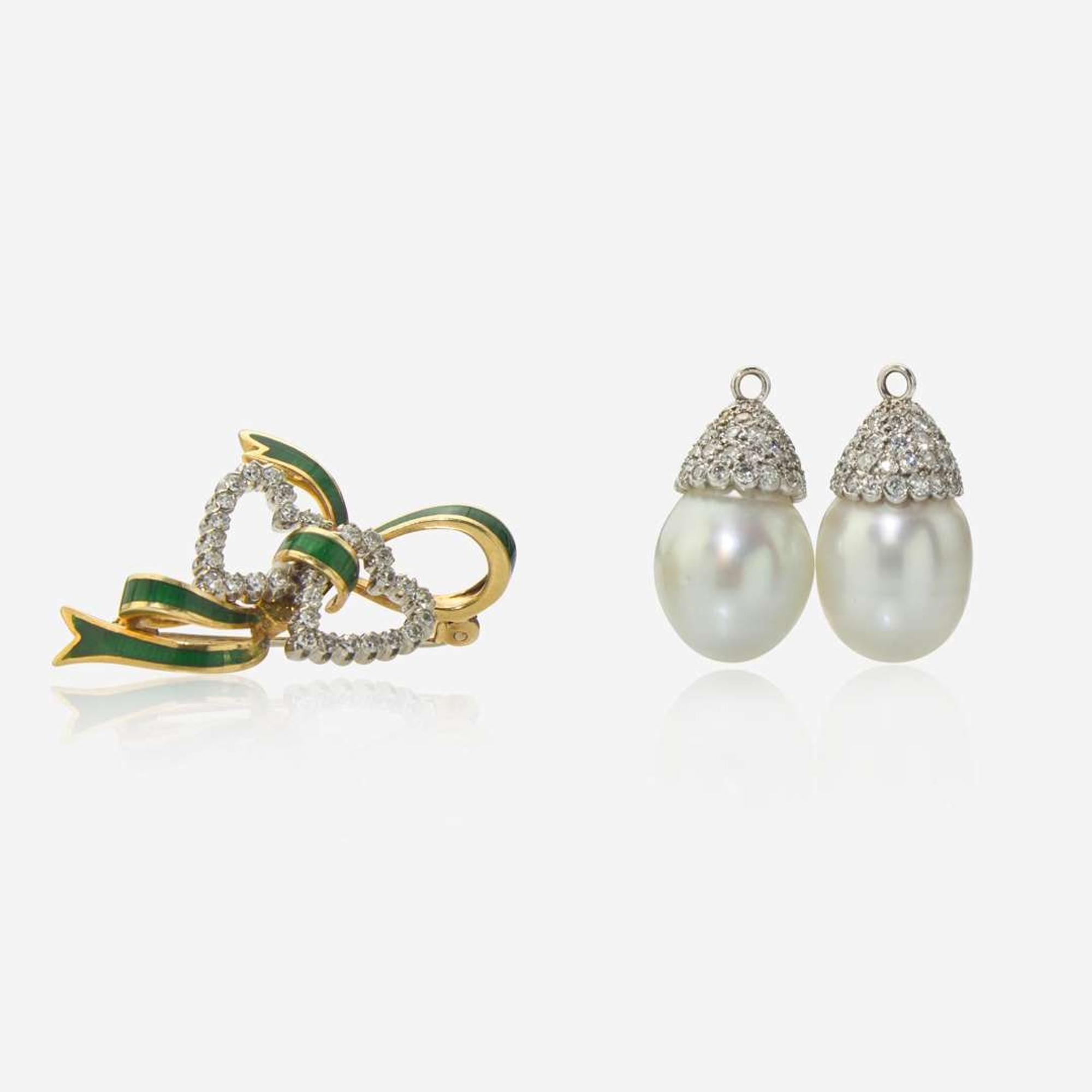 A Diamond and Enamel Bow Pin and Pearl and Diamond Earring Jackets