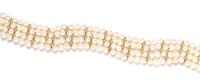 An 18 Karat Yellow Gold, Cultured Pearl and Diamond Multistrand Necklace,