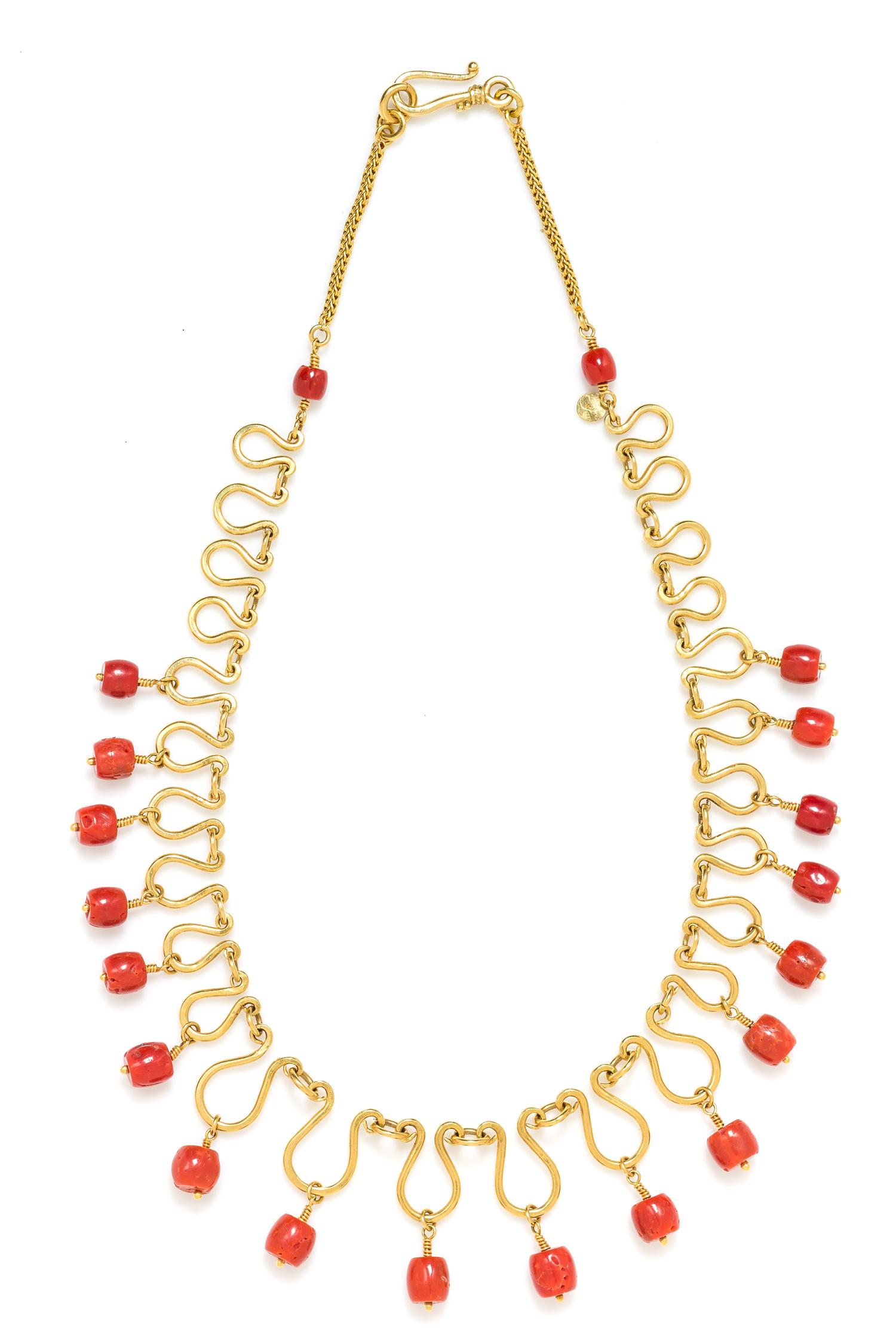 A 22 Karat Yellow Gold and Coral Bead Fringe Necklace, 44.05 dwts.