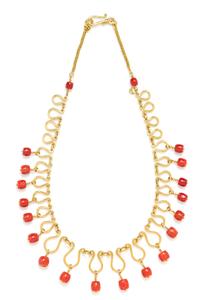 A 22 Karat Yellow Gold and Coral Bead Fringe Necklace, 44.05 dwts.