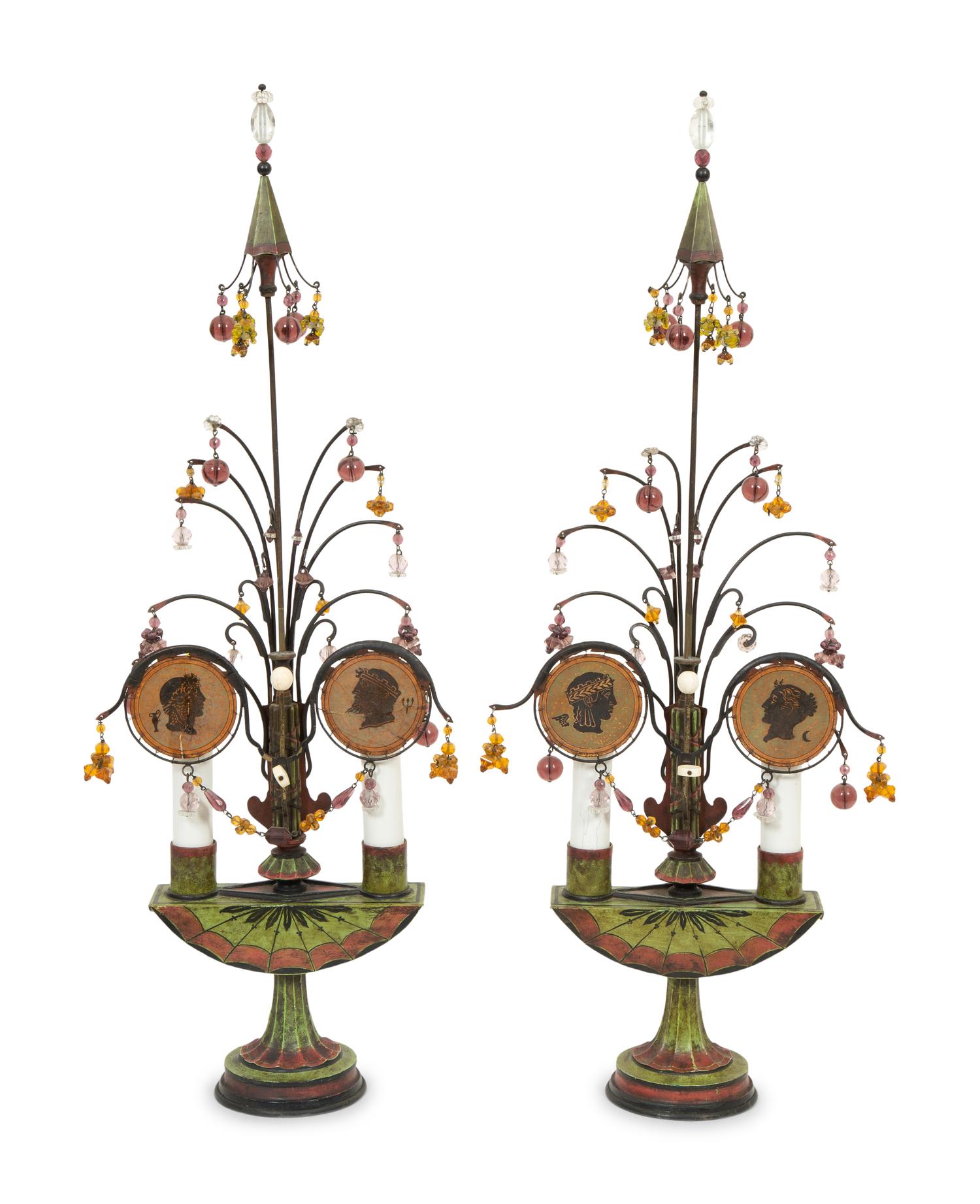 A Pair of Tole Peinte Two-Light Candelabra