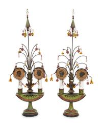 A Pair of Tole Peinte Two-Light Candelabra