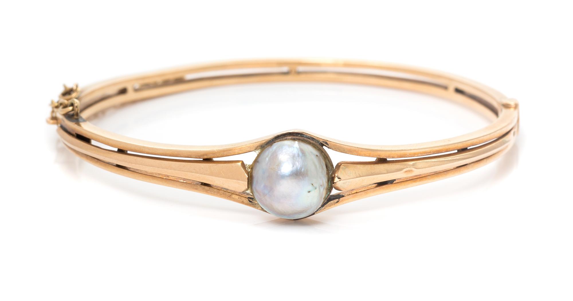 An Art Nouveau 14 Karat Rose Gold and Pearl Bangle Bracelet, Austro-Hungarian, 7.10 dwts.