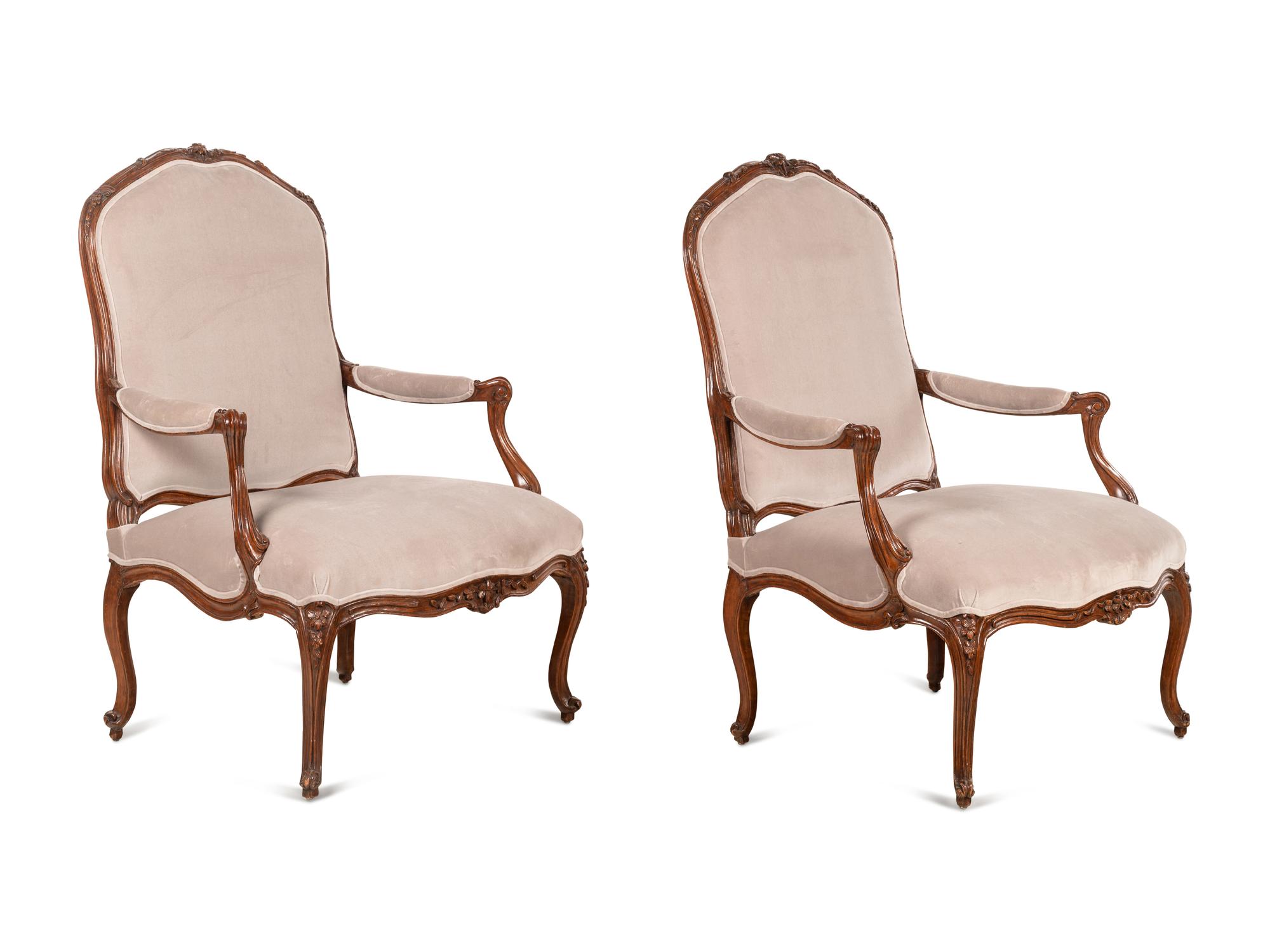 A Pair of Oversized Louis XV Carved Beechwood Fauteuils à la Reine by Louis Cresson (French, 1706-1761)