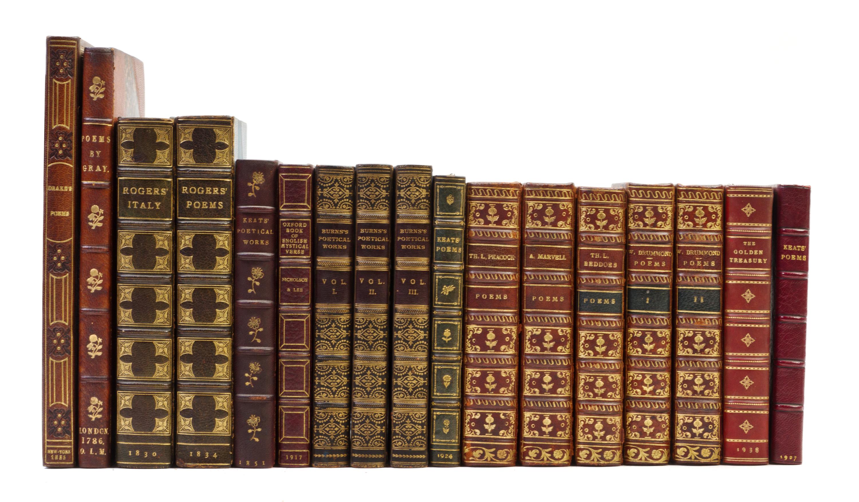 (BINDINGS, POETRY) A group of 17 leather bound volumes of poetry.