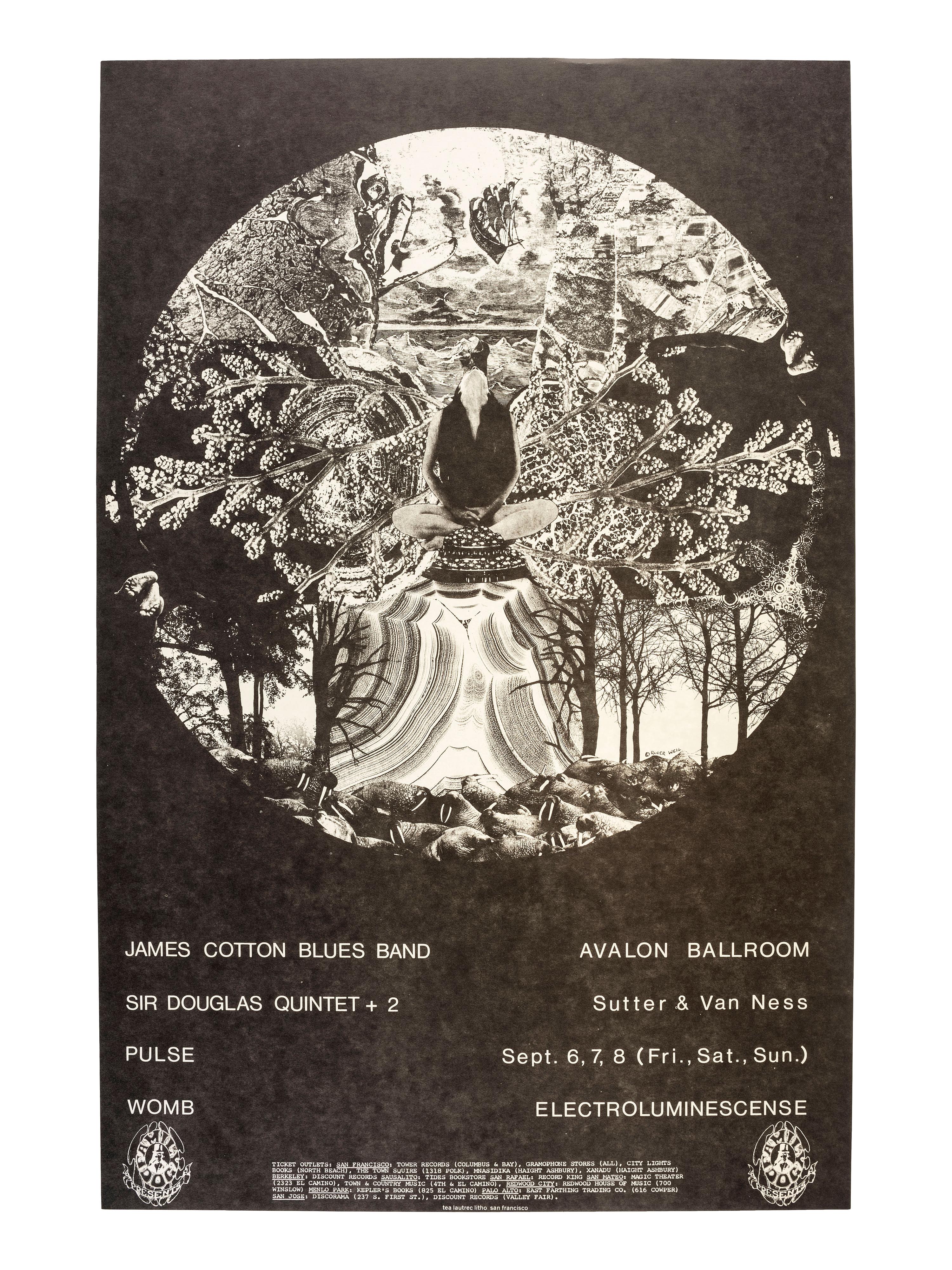 [MUSIC] -- [POSTERS]. GLOVER,Billy, HUNTER, George, WAINWRIGHT, Jerry, WEIL, Roger, STRAUSS, Kurt, WILSON, Wes, artists. A group of 8 Family Dog posters from 1968, comprising: