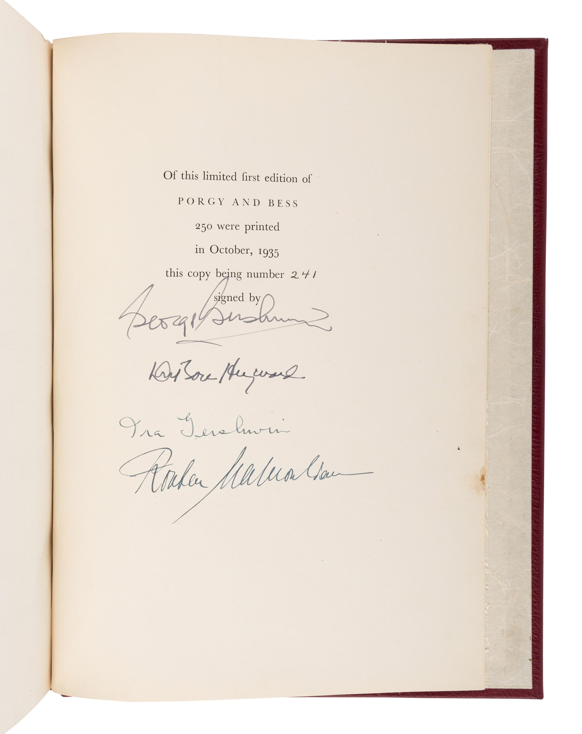 [MUSIC]. GERSHWIN, George (1898-1937). Porgy and Bess. An Opera in Three Acts. New York: Random House, 1935.