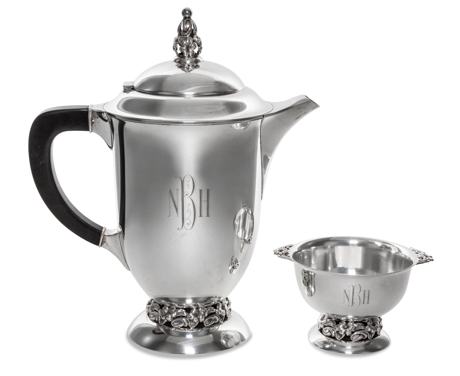 An American Silver Coffee Pot and Sugar Bowl, Mueck-Carey, New York, NY, Mid 20th Century, each of tapered cylindrical form raised on b