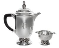 An American Silver Coffee Pot and Sugar Bowl, Mueck-Carey, New York, NY, Mid 20th Century, each of tapered cylindrical form raised on b