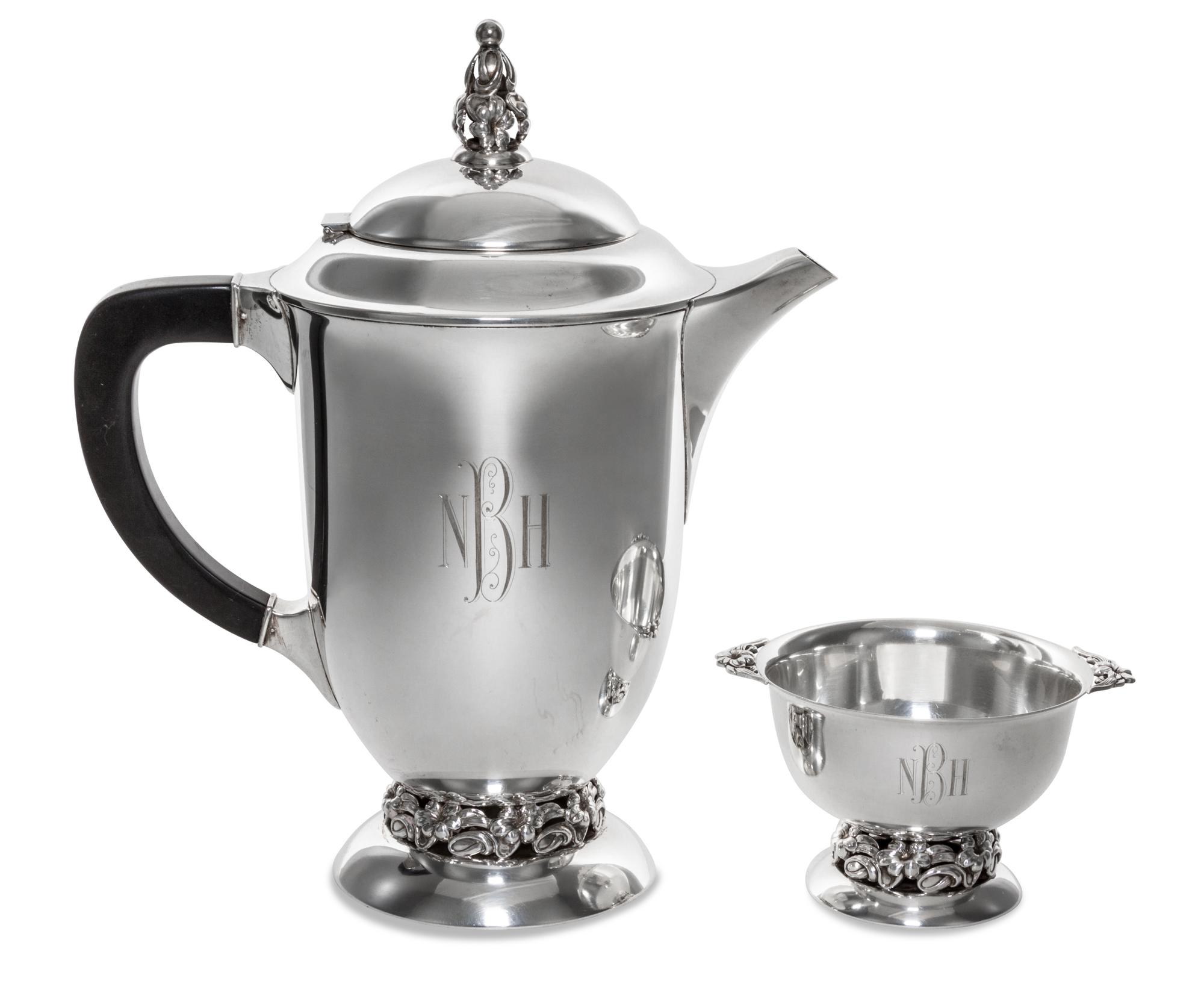 An American Silver Coffee Pot and Sugar Bowl, Mueck-Carey, New York, NY, Mid 20th Century, each of tapered cylindrical form raised on b