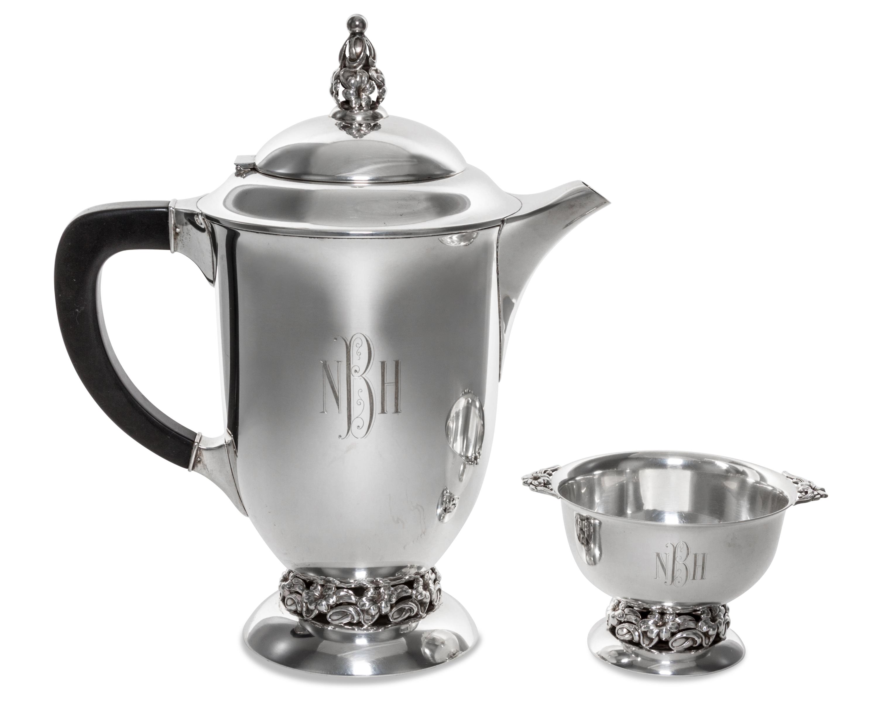 An American Silver Coffee Pot and Sugar Bowl, Mueck-Carey, New York, NY, Mid 20th Century, each of tapered cylindrical form raised on b