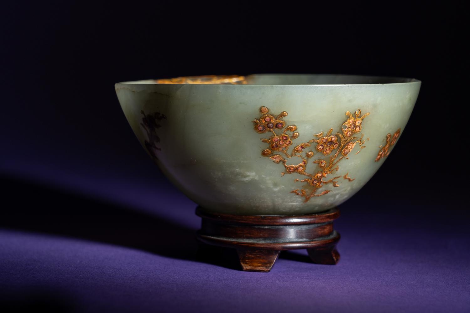 A Chinese Gilt Decorated Celadon Jade Bowl
