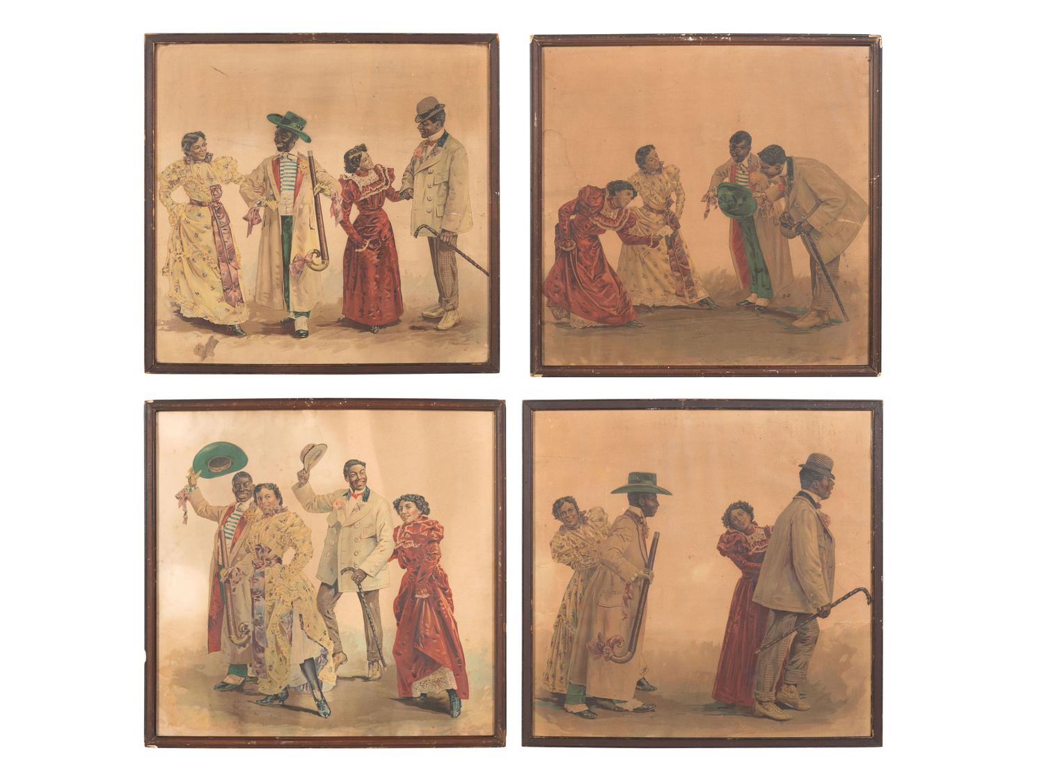 [AFRICAN AMERICANA - ENTERTAINMENT]. A group of 4 chromolithographs of African Americans performing the Cakewalk. Ca 1903.