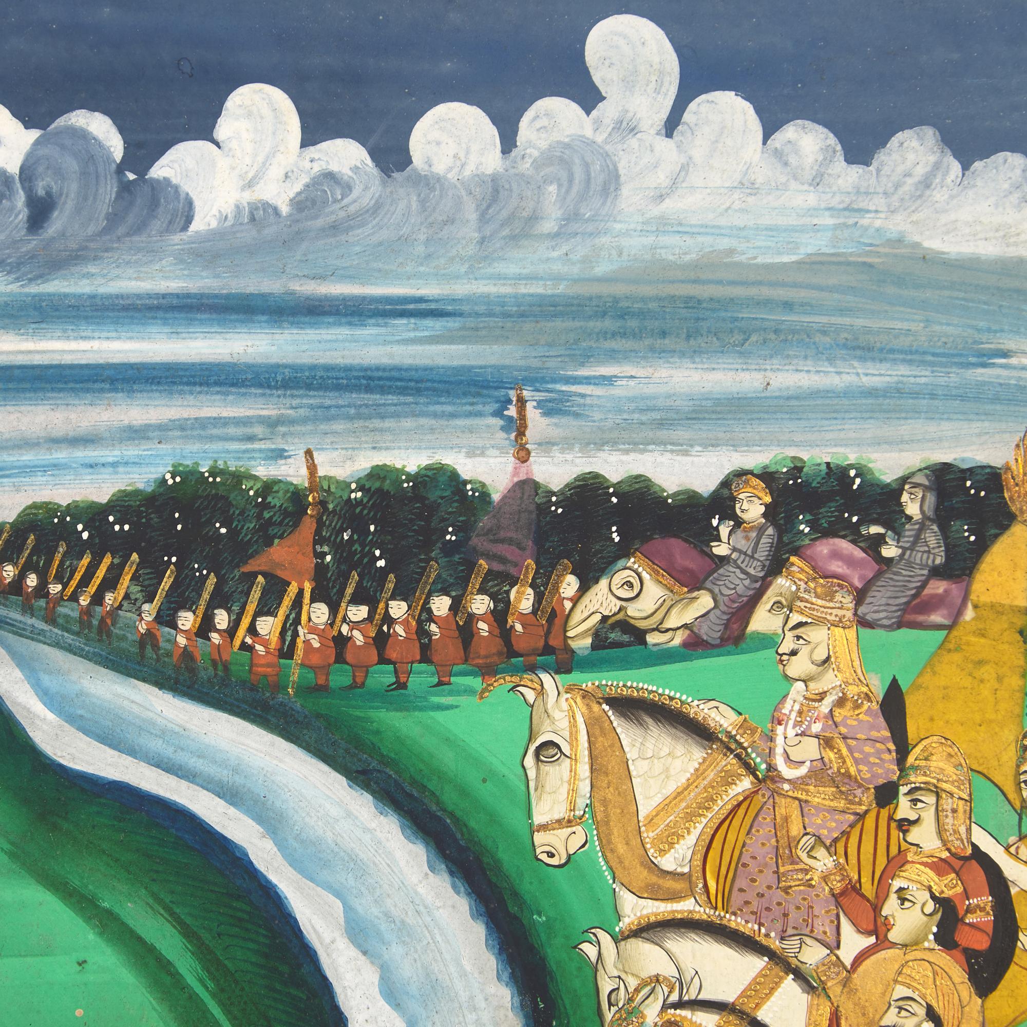 A Painting of Flanking Equestrian Figures on Either Side of a Meandering River, Rajasthan, Bazaar Workshop, Late 19th/20th Century
