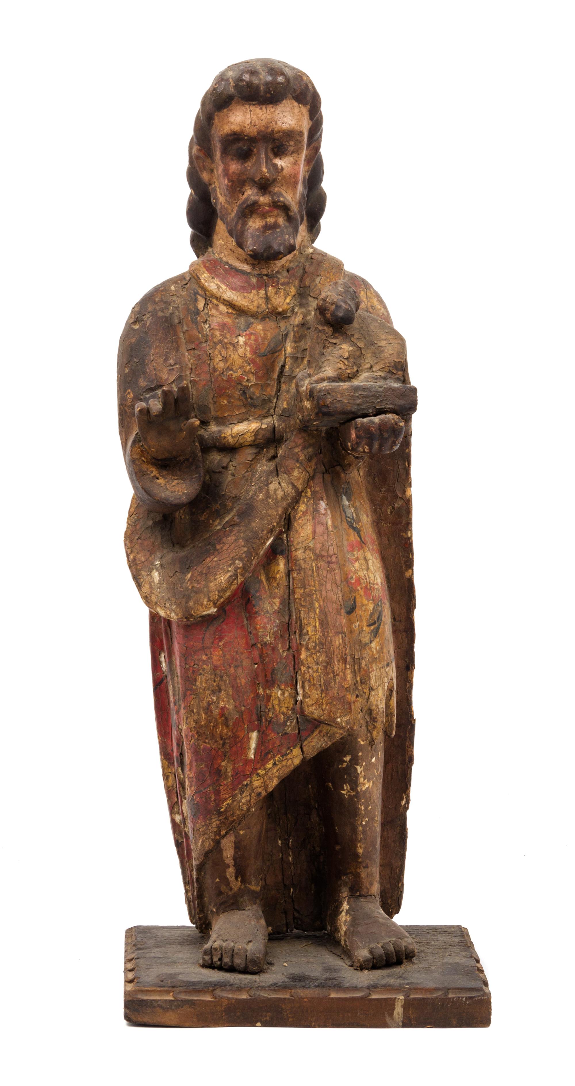 A Mexican Painted and Carved Wood Figure of Saint John the Baptist Height 22 1/2 inches. — 18TH CENTURY