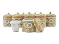 Eight Chinese Famille Jaune Porcelain Covered Jars and A Chinese Export Blue and White Porcelain Covered Tureen