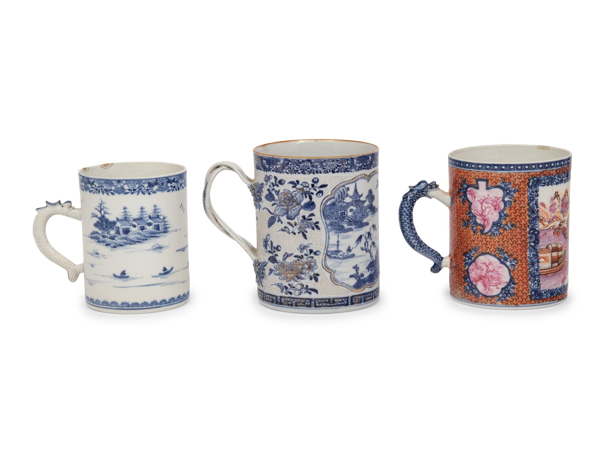 Three Oversized Chinese Export Porcelain Mugs