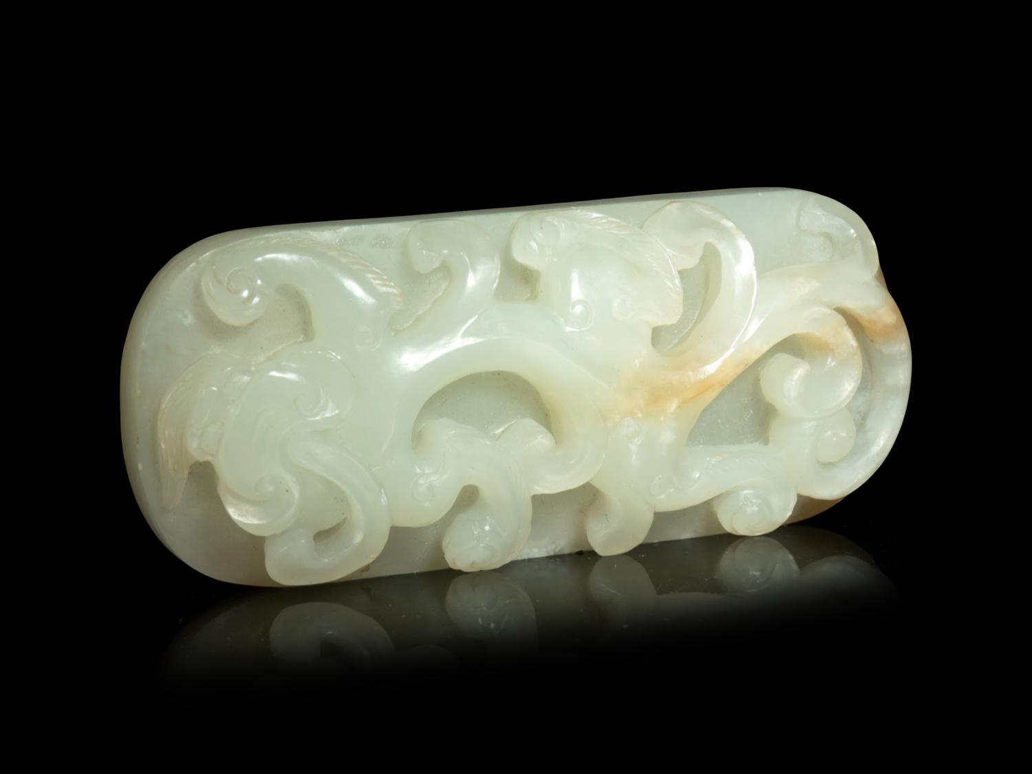 A Chinese Pale Celadon Jade 'Chilong' Plaque