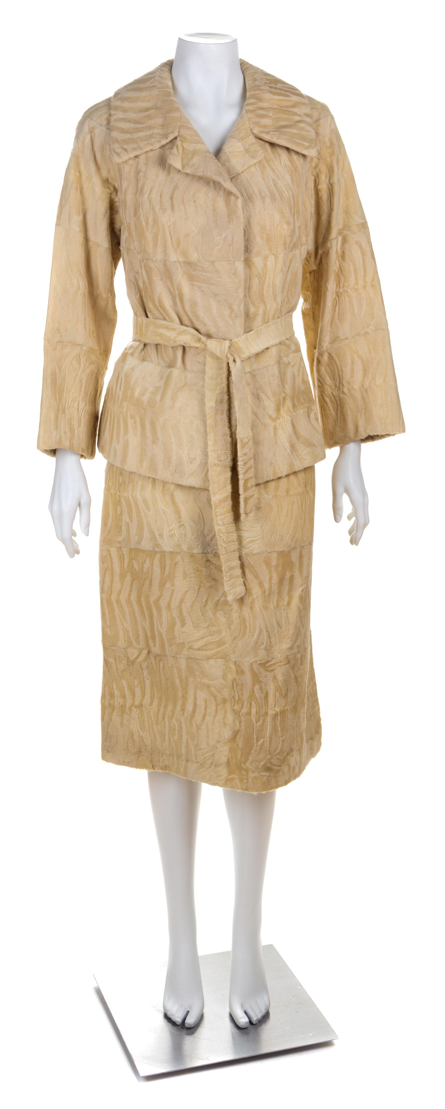 A Maximilian Cream Broadtail Skirt Suit, Jacket no size; Skirt no size; Self-tie: 58" X 1.5".