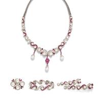 A Set of Platinum, Gold, Ruby, Diamond and Cultured Pearl Jewelry, French, 86.90 dwts.