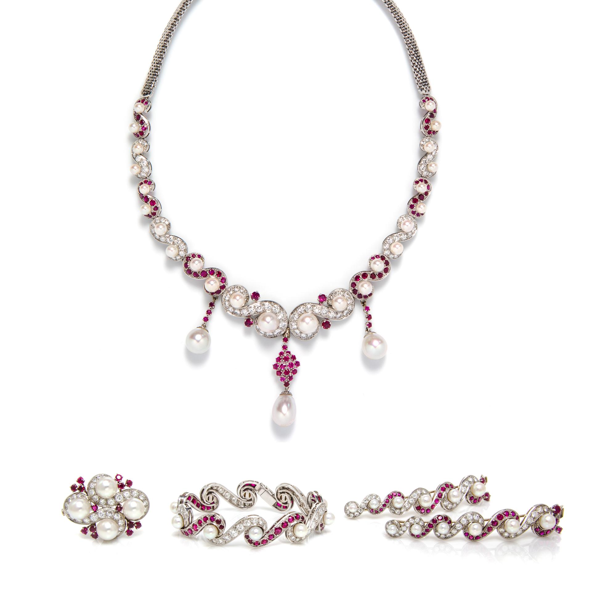 A Set of Platinum, Gold, Ruby, Diamond and Cultured Pearl Jewelry, French, 86.90 dwts.