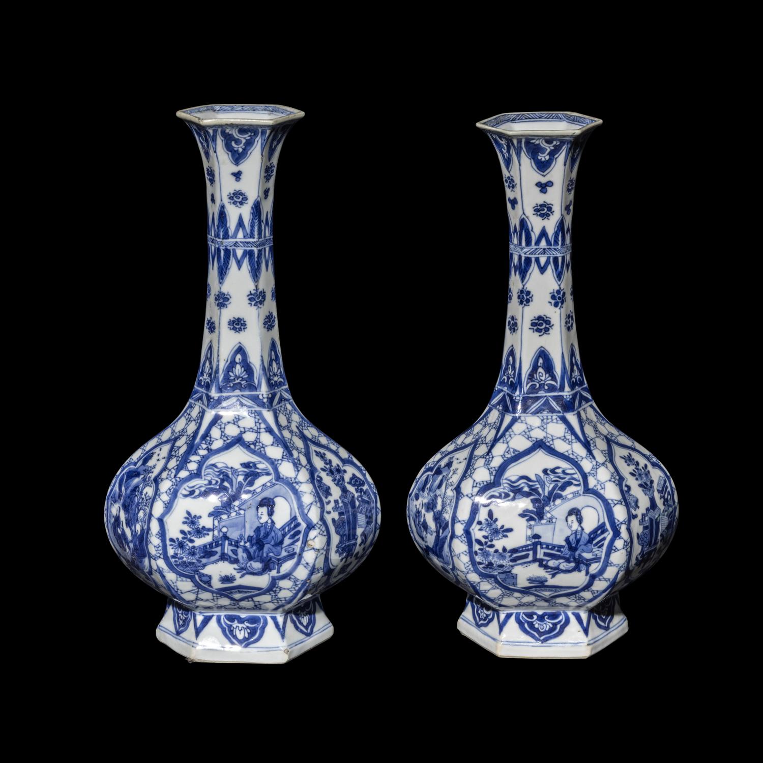 A Pair of Chinese Blue and White Porcelain Hexagonal Vases