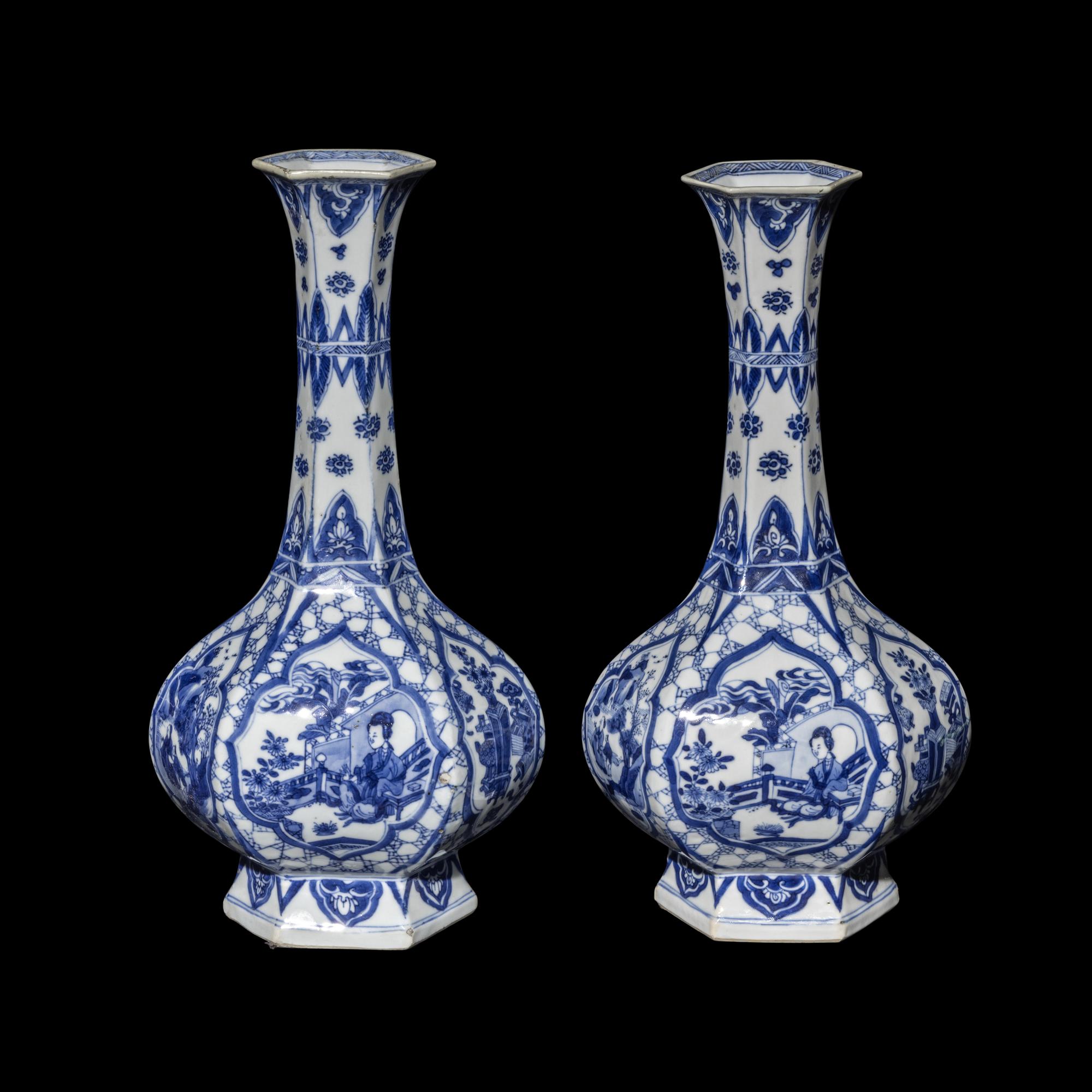 A Pair of Chinese Blue and White Porcelain Hexagonal Vases